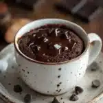 Close-up of a chocolate cake in a mug with a rich, moist texture, perfect for a quick microwave dessert.