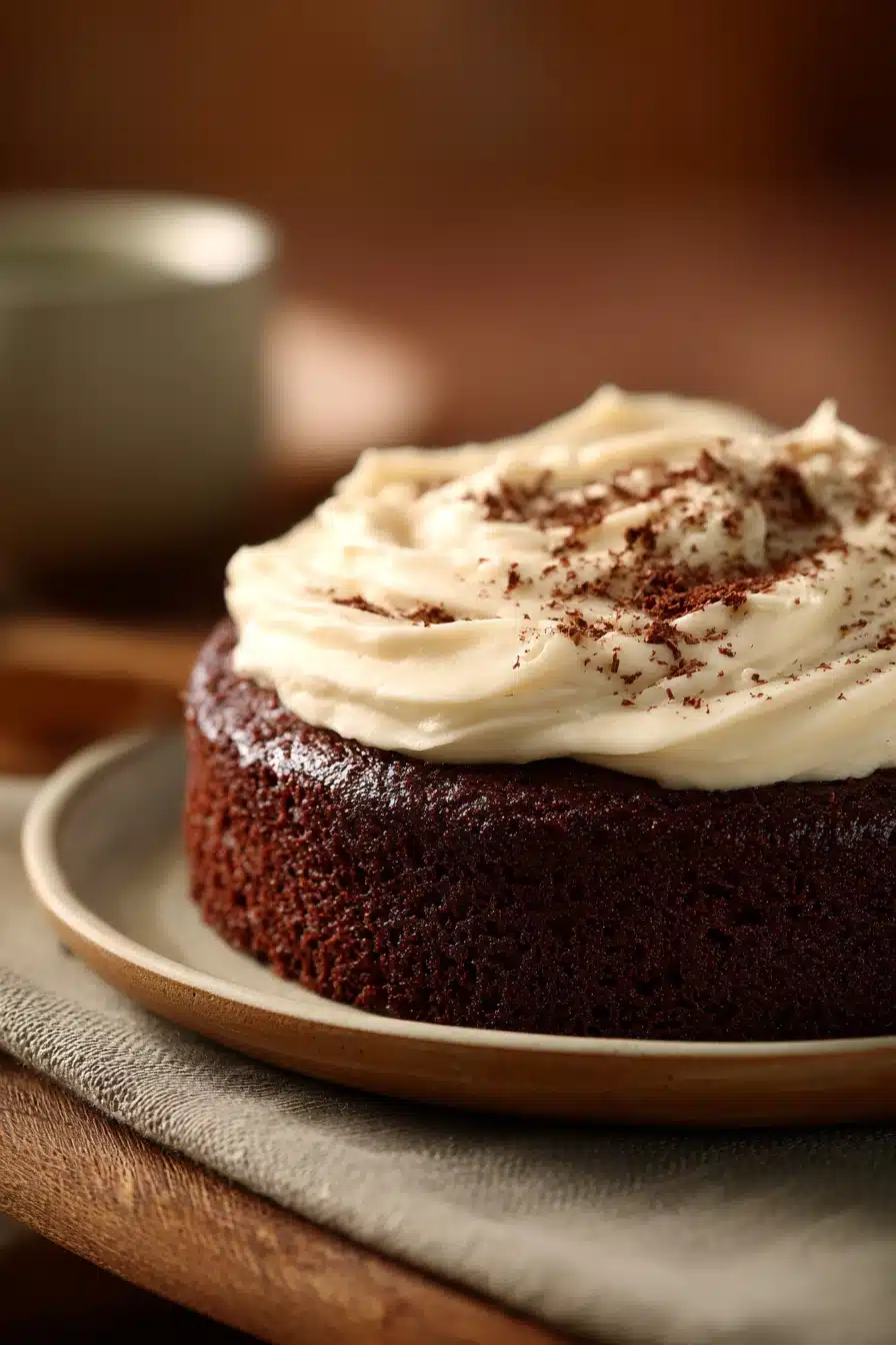 Close-up of a chocolate cake with vanilla frosting on a clean background