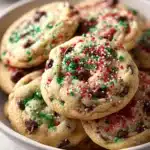 Close-up of freshly baked chocolate chip cookies on a tray, perfect for Christmas treats.