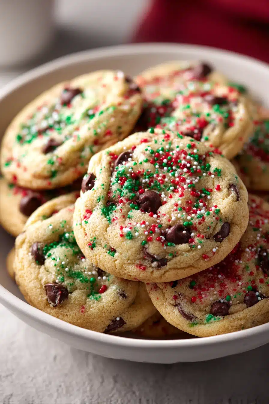 Close-up of freshly baked chocolate chip cookies on a tray, perfect for Christmas treats.