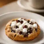 Close-up of a chocolate chip cookie with marshmallow, showing gooey texture and golden brown edges.