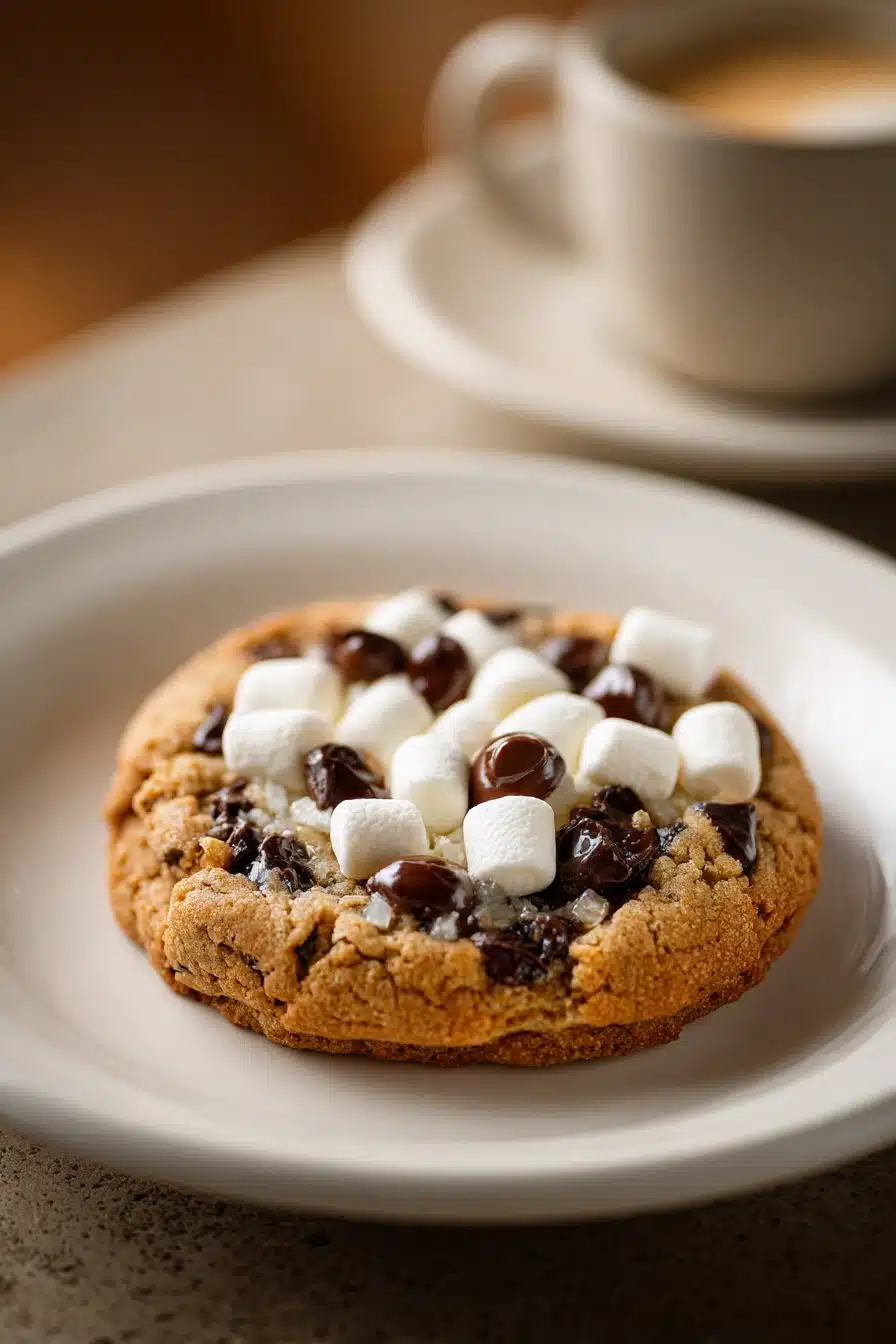 Close-up of a chocolate chip cookie with marshmallow, showing gooey texture and golden brown edges.