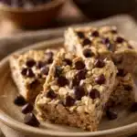 Close-up of chocolate chip oatmeal cookie bars with visible chocolate chips and a golden-brown texture.