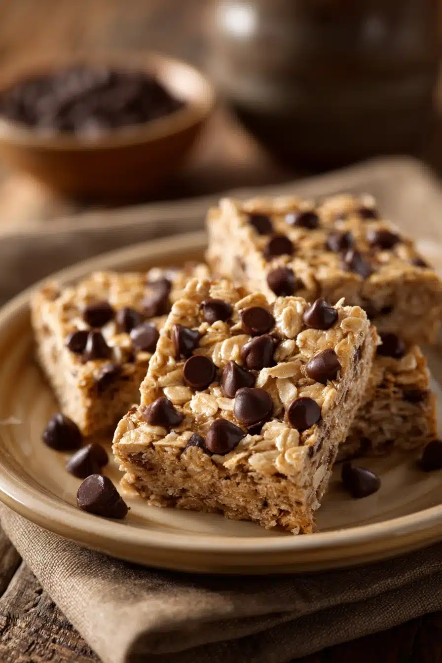 Close-up of chocolate chip oatmeal cookie bars with visible chocolate chips and a golden-brown texture.