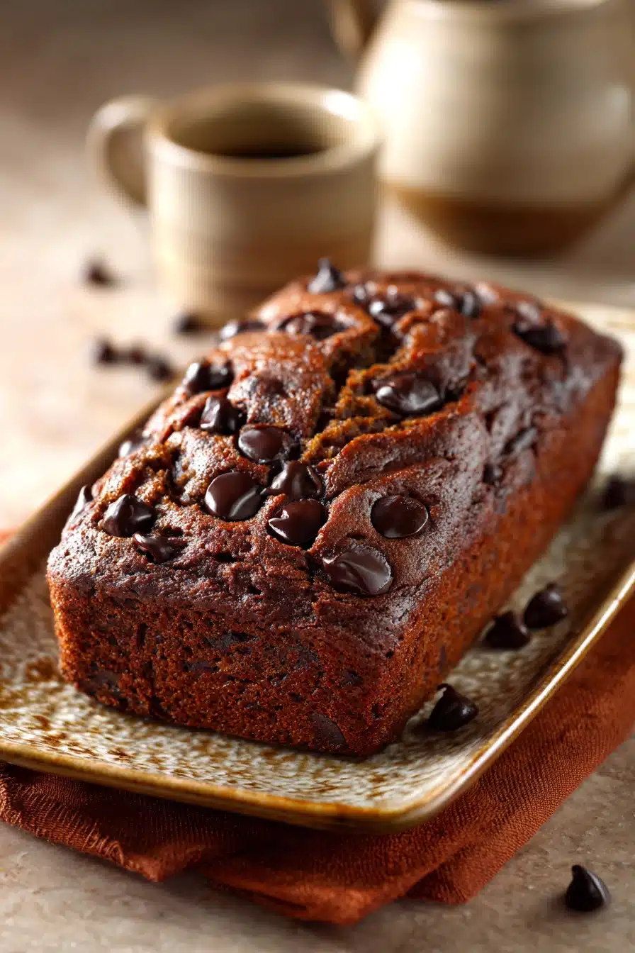 Close-up of Chocolate Espresso Banana Bread with a clean background.