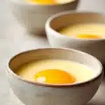 Close-up of classic vanilla custard cups with a smooth, creamy texture and golden caramel topping.