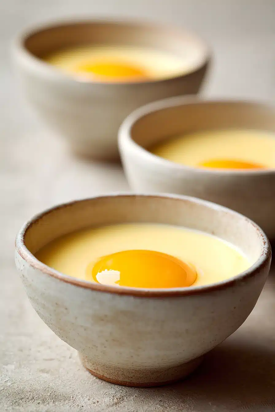 Close-up of classic vanilla custard cups with a smooth, creamy texture and golden caramel topping.