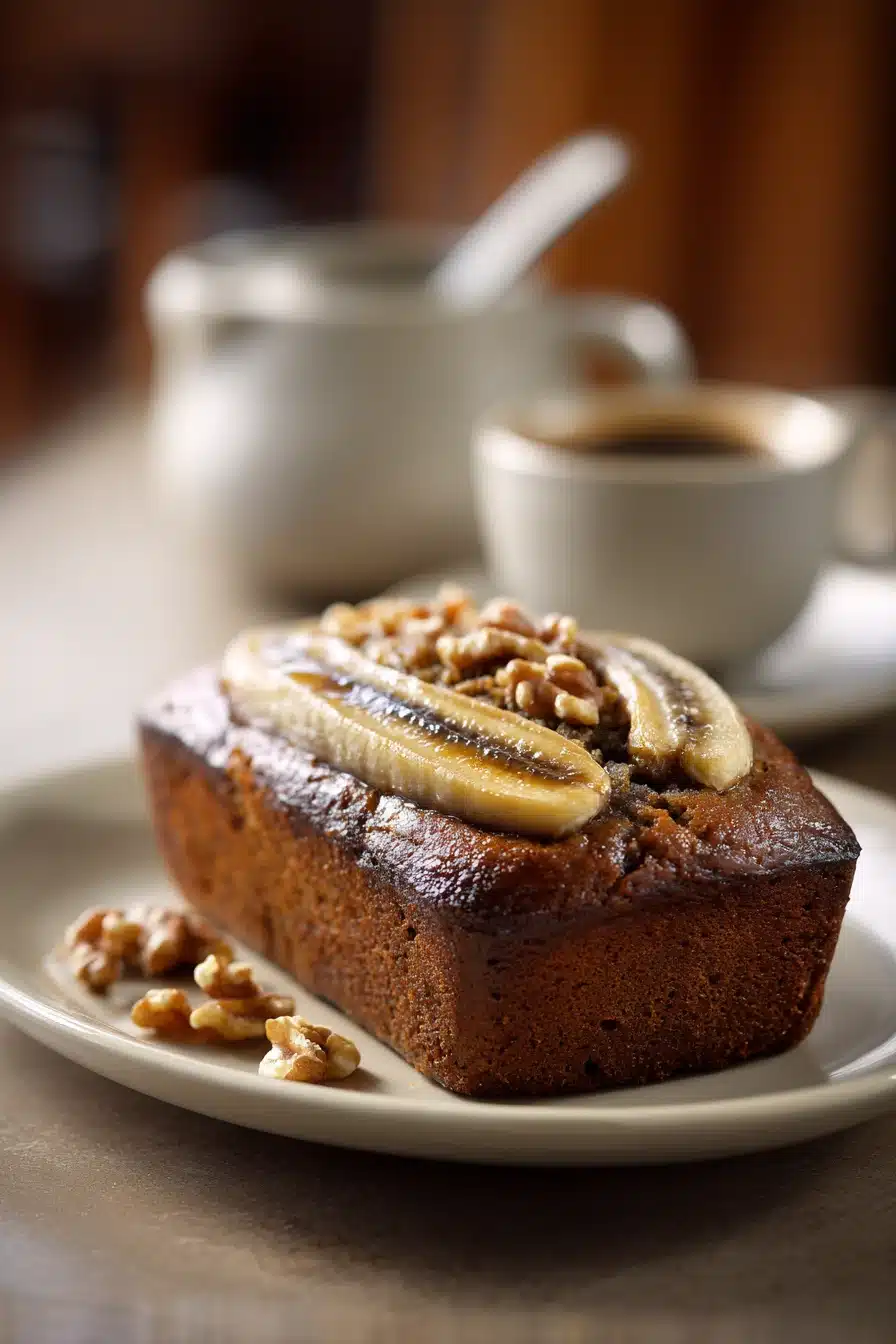 Close-up of coffee cake banana bread with a golden crust and moist texture