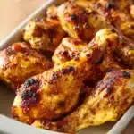 Close-up of Colombian marinated chicken drumsticks with a golden glaze on a clean white plate.