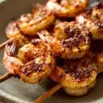 Close-up of Cowboy Butter Shrimp Skewers with a bright and appetizing presentation