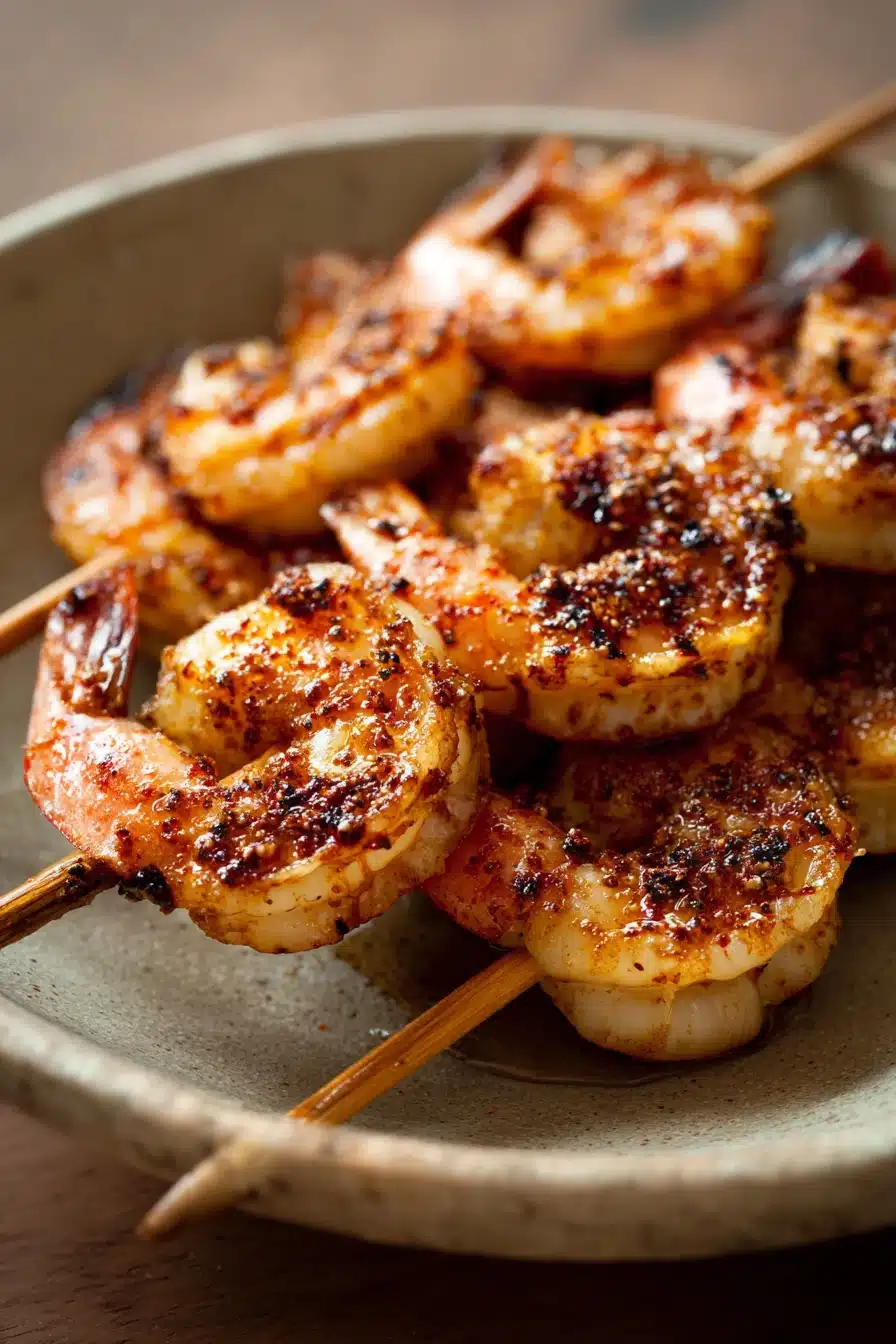 Close-up of Cowboy Butter Shrimp Skewers with a bright and appetizing presentation