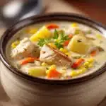 Close-up of creamy chicken and corn chowder in a white bowl with a spoon.