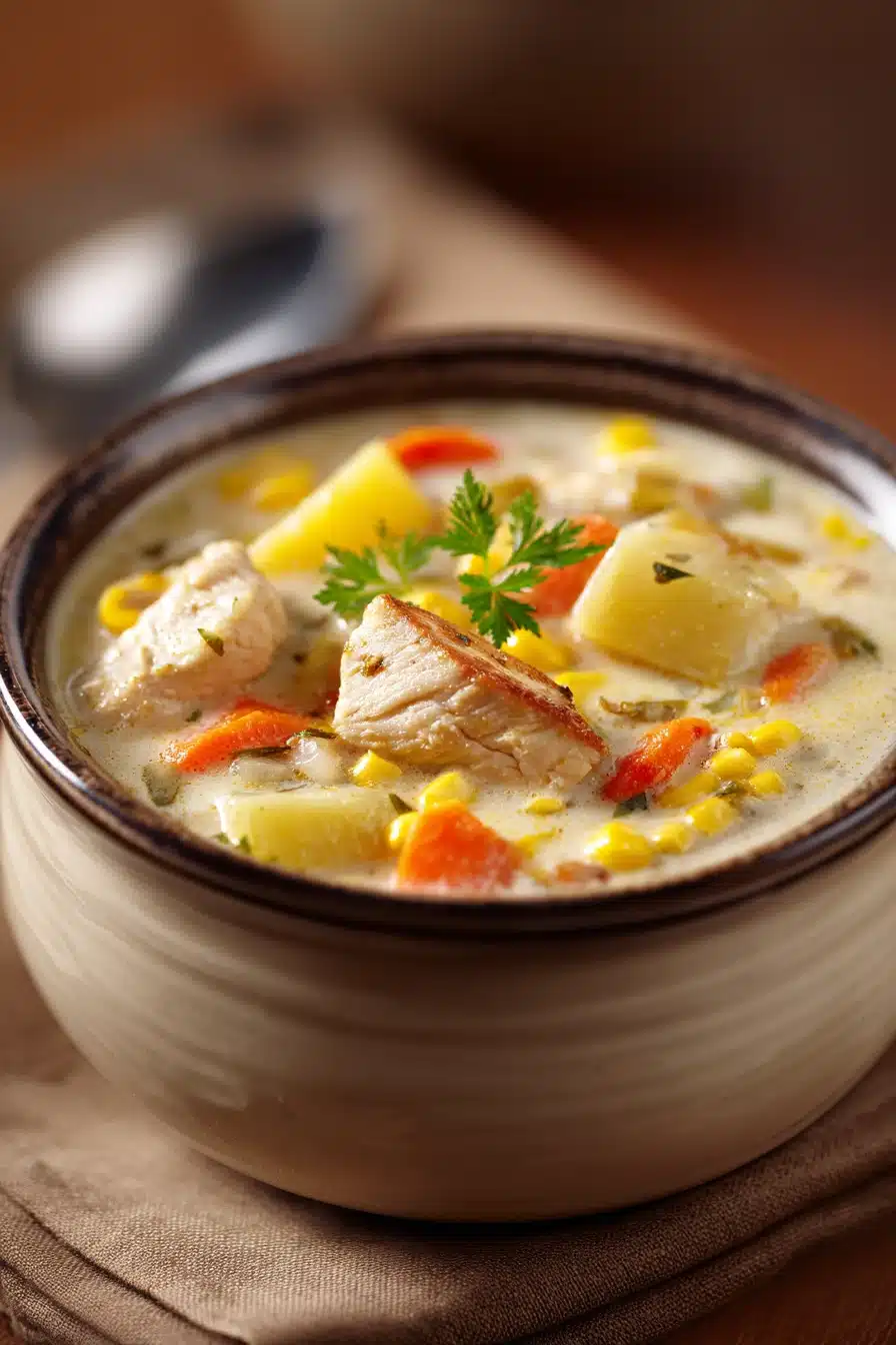 Close-up of creamy chicken and corn chowder in a white bowl with a spoon.