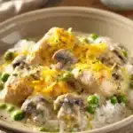 Close-up of a creamy chicken casserole with a golden crust and herbs on top.