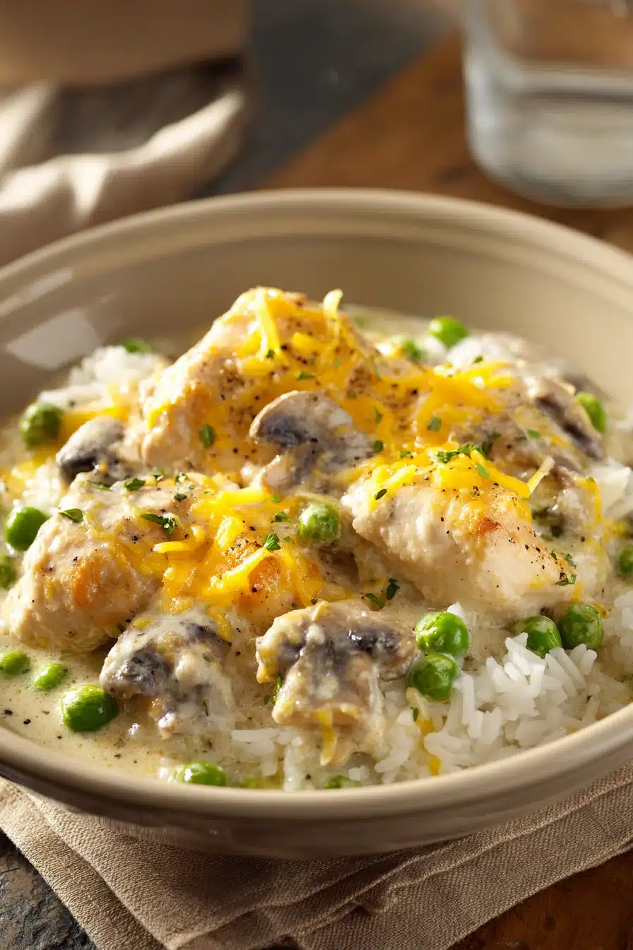 Close-up of a creamy chicken casserole with a golden crust and herbs on top.