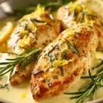 Close-up of creamy citrus chicken with rosemary, garnished with fresh herbs on a white plate.