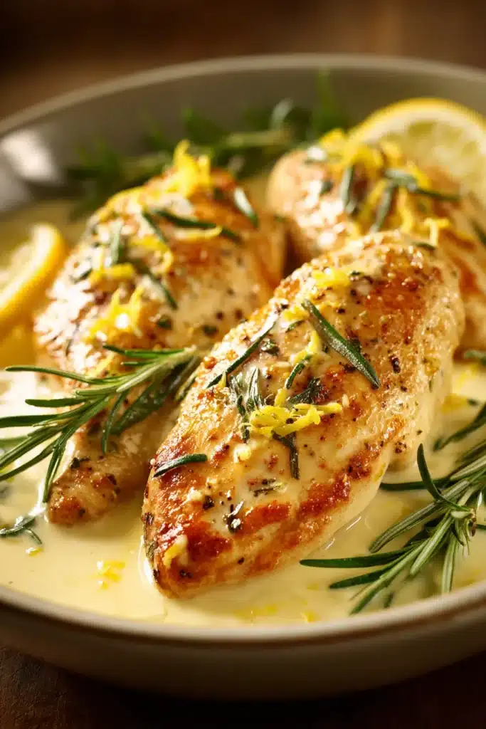Close-up of creamy citrus chicken with rosemary, garnished with fresh herbs on a white plate.