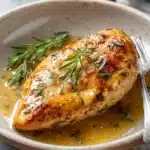 Close-up of creamy garlic chicken breast with a rich sauce and herbs on a clean plate.