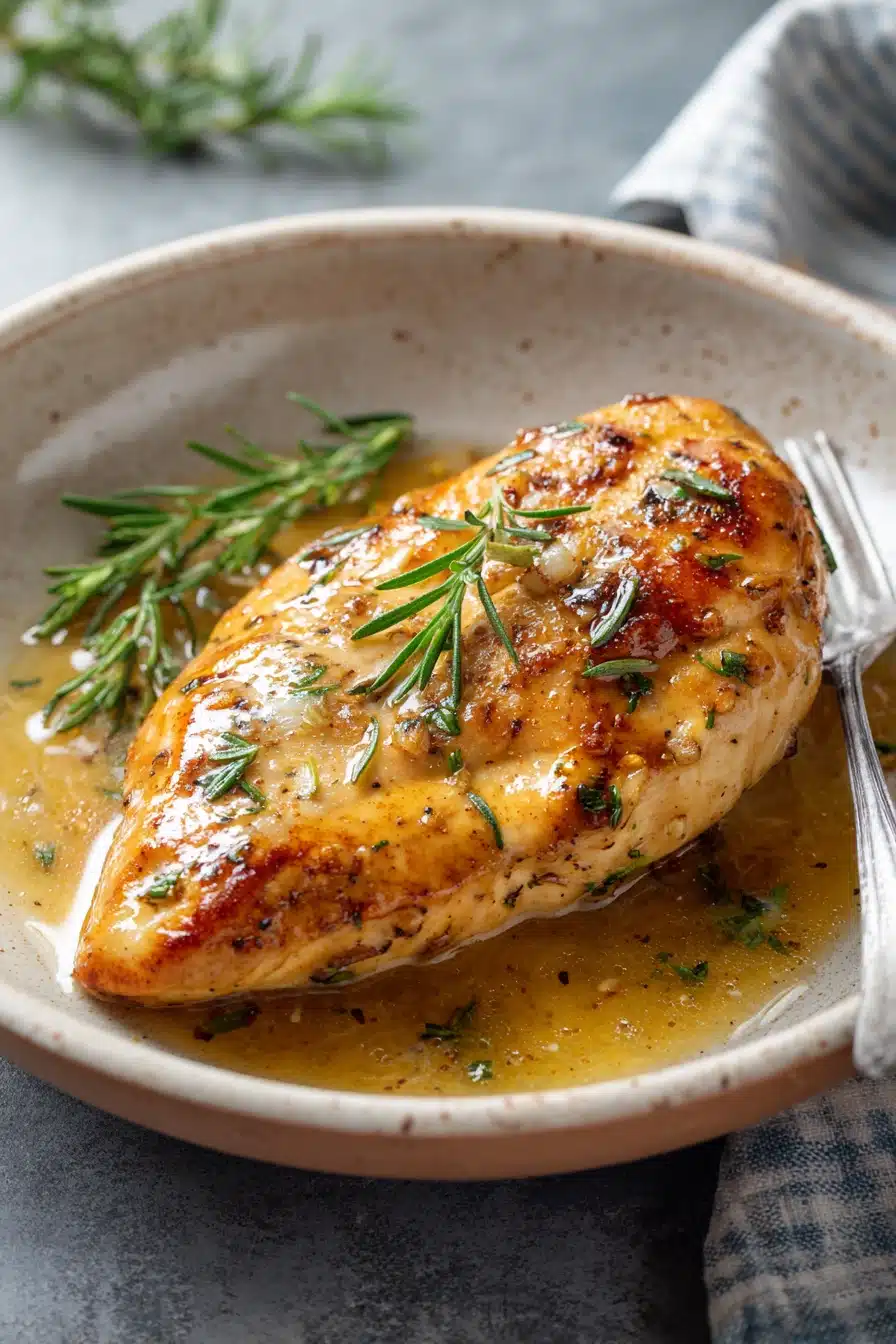 Close-up of creamy garlic chicken breast with a rich sauce and herbs on a clean plate.