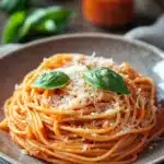 Close-up of creamy one pot pasta with jar sauce, garnished with herbs