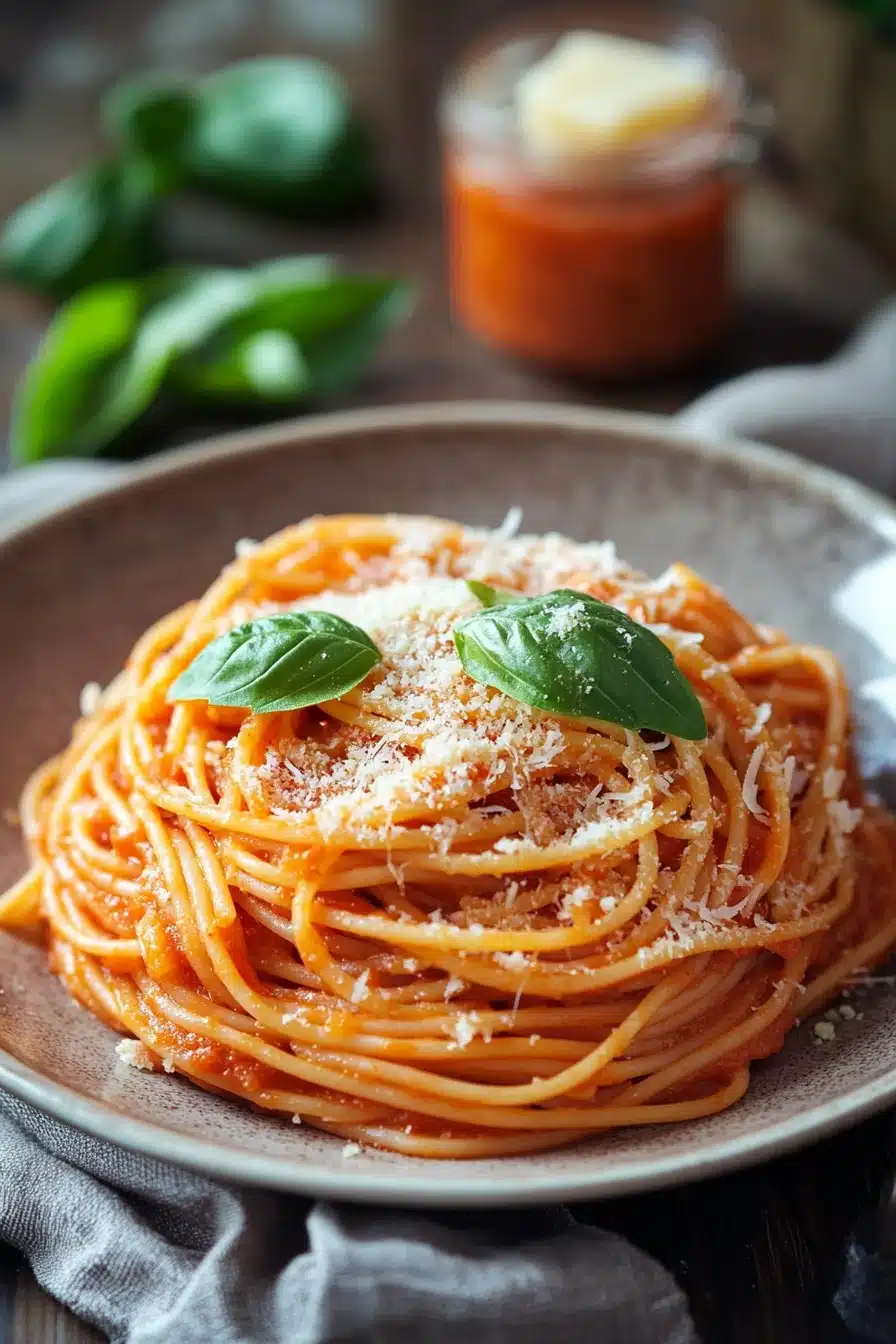 Close-up of creamy one pot pasta with jar sauce, garnished with herbs