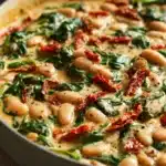 Close-up of a creamy Tuscan bean and sun dried tomato skillet with herbs