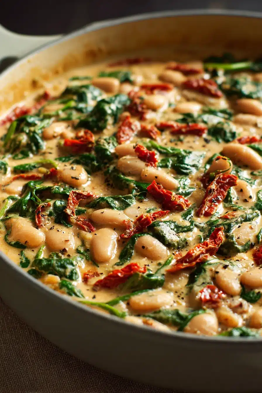 Close-up of a creamy Tuscan bean and sun dried tomato skillet with herbs