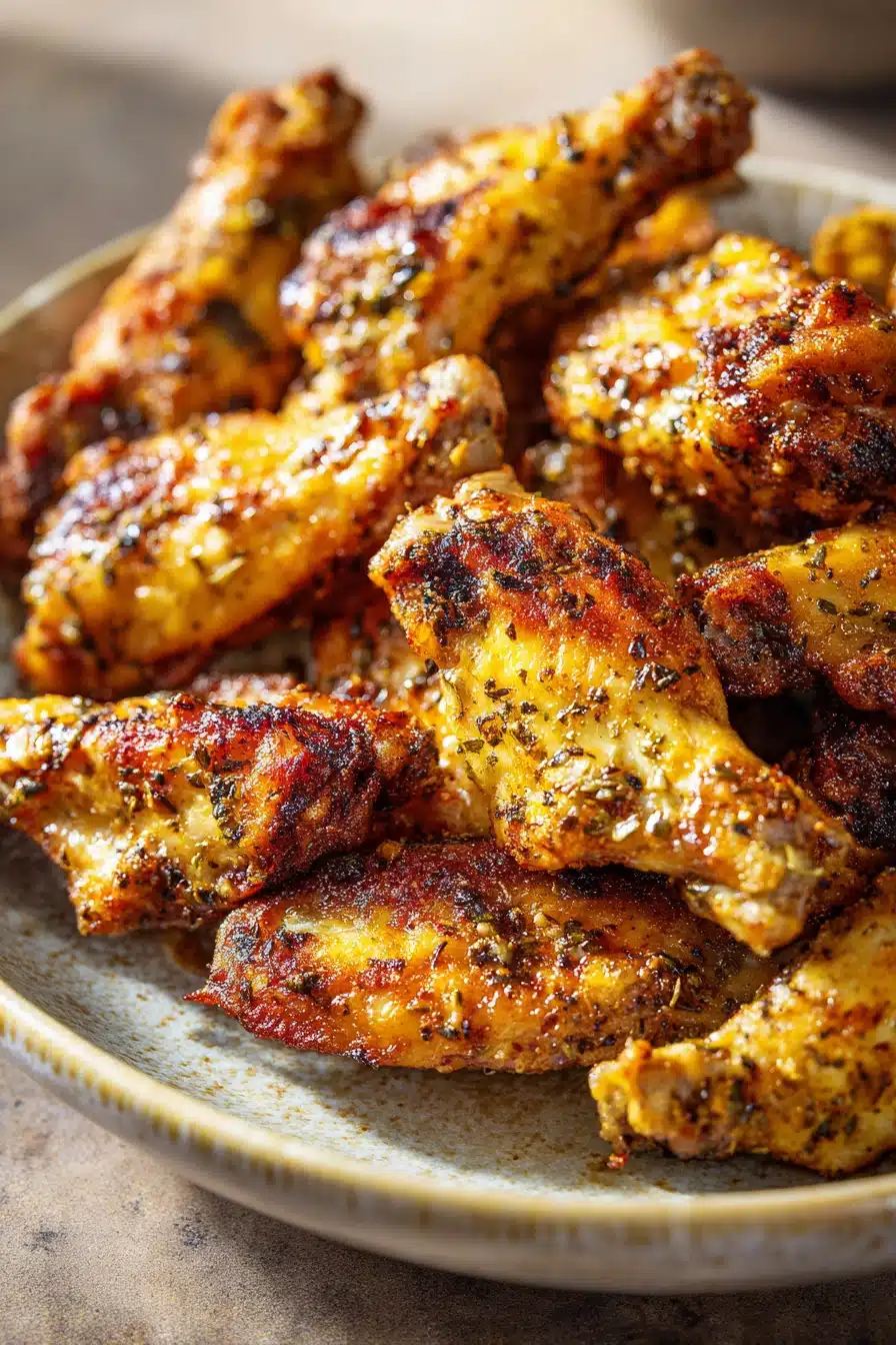 Crispy air fryer chicken wings with Italian seasoning on a white plate.