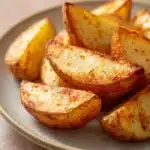 Close-up of crispy air fryer potato halves with golden brown edges on a white plate.