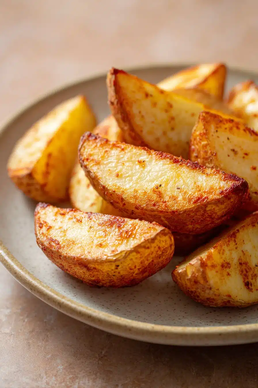 Close-up of crispy air fryer potato halves with golden brown edges on a white plate.
