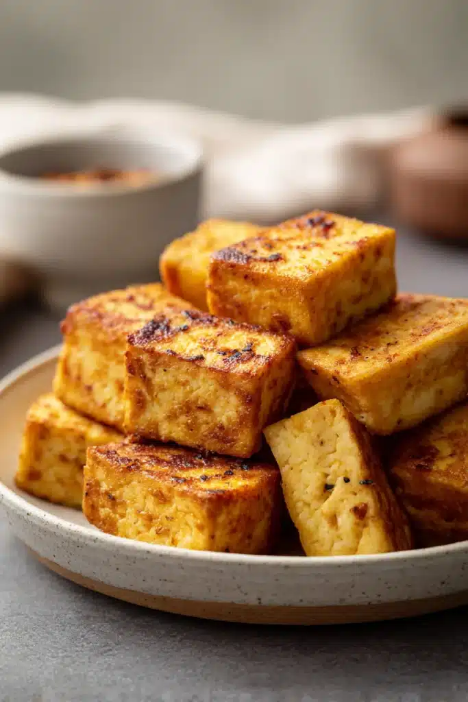 Close-up of crispy air fryer tofu with a golden brown texture on a clean white plate.