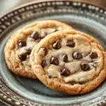 Close-up of crispy and chewy chocolate chip cookies on a white plate