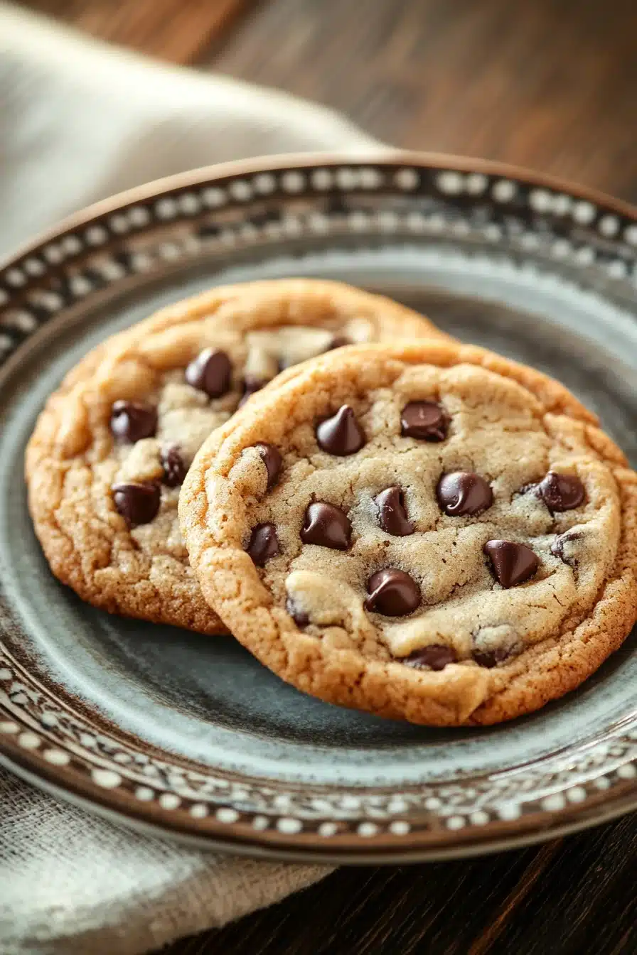 Close-up of crispy and chewy chocolate chip cookies on a white plate