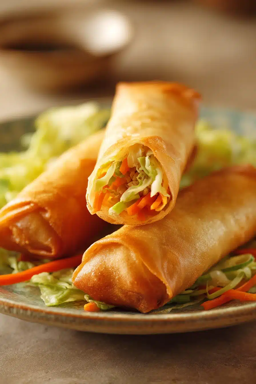Close-up of crispy chicken spring rolls on a clean white plate with a dipping sauce.