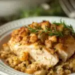 Close-up of crock pot chicken and stuffing with a warm, inviting presentation.