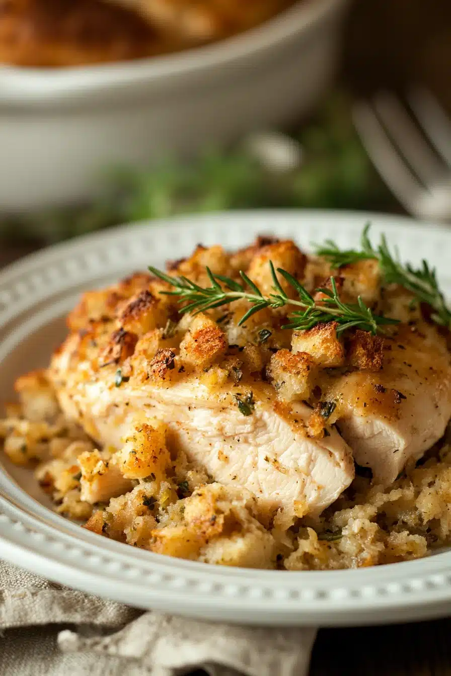 Close-up of crock pot chicken and stuffing with a warm, inviting presentation.