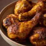 Close-up of crock pot chicken drumsticks with a golden glaze and herbs