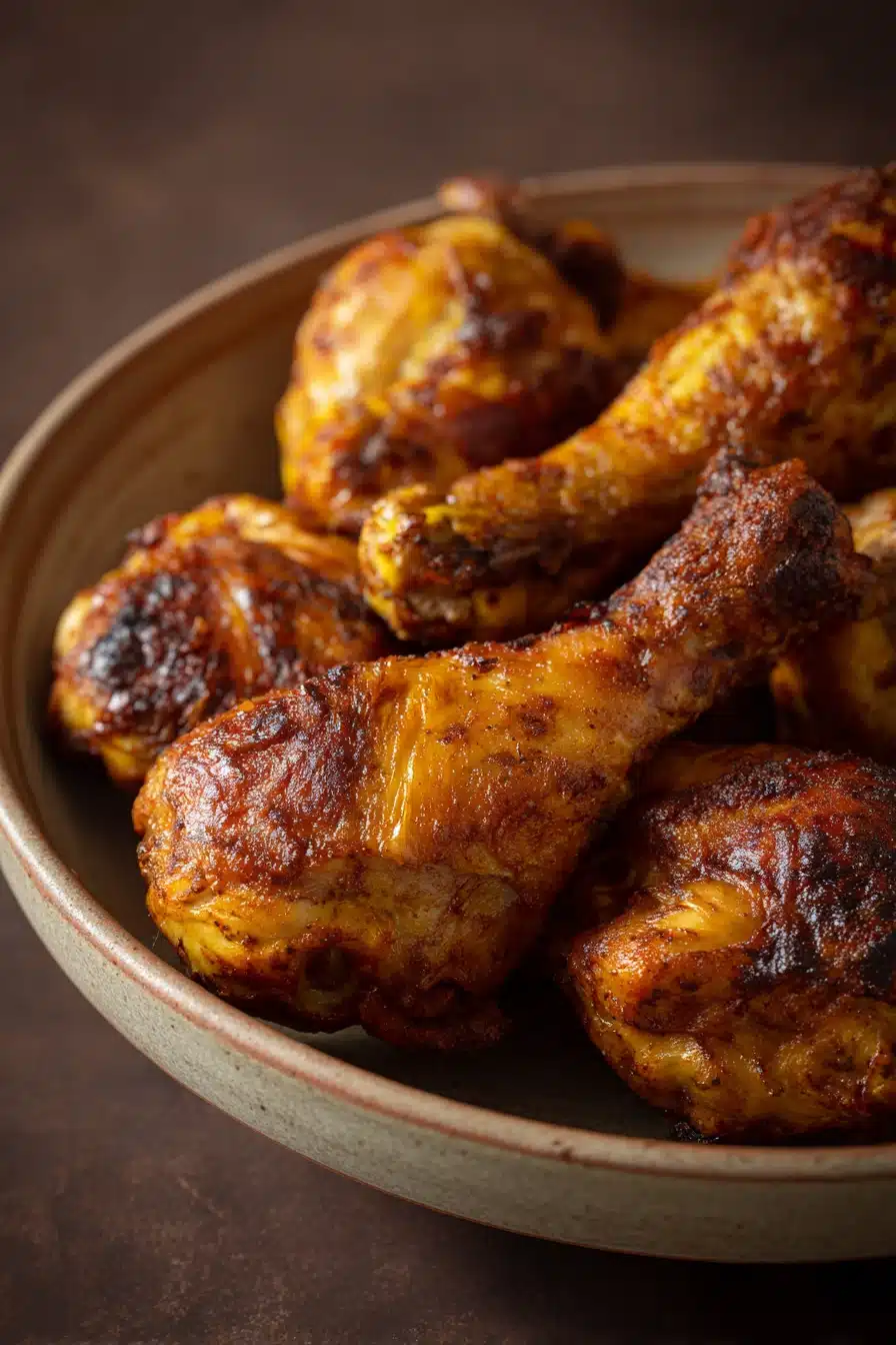 Close-up of crock pot chicken drumsticks with a golden glaze and herbs