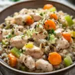Close-up of crock pot chicken wild rice with creamy sauce and herbs