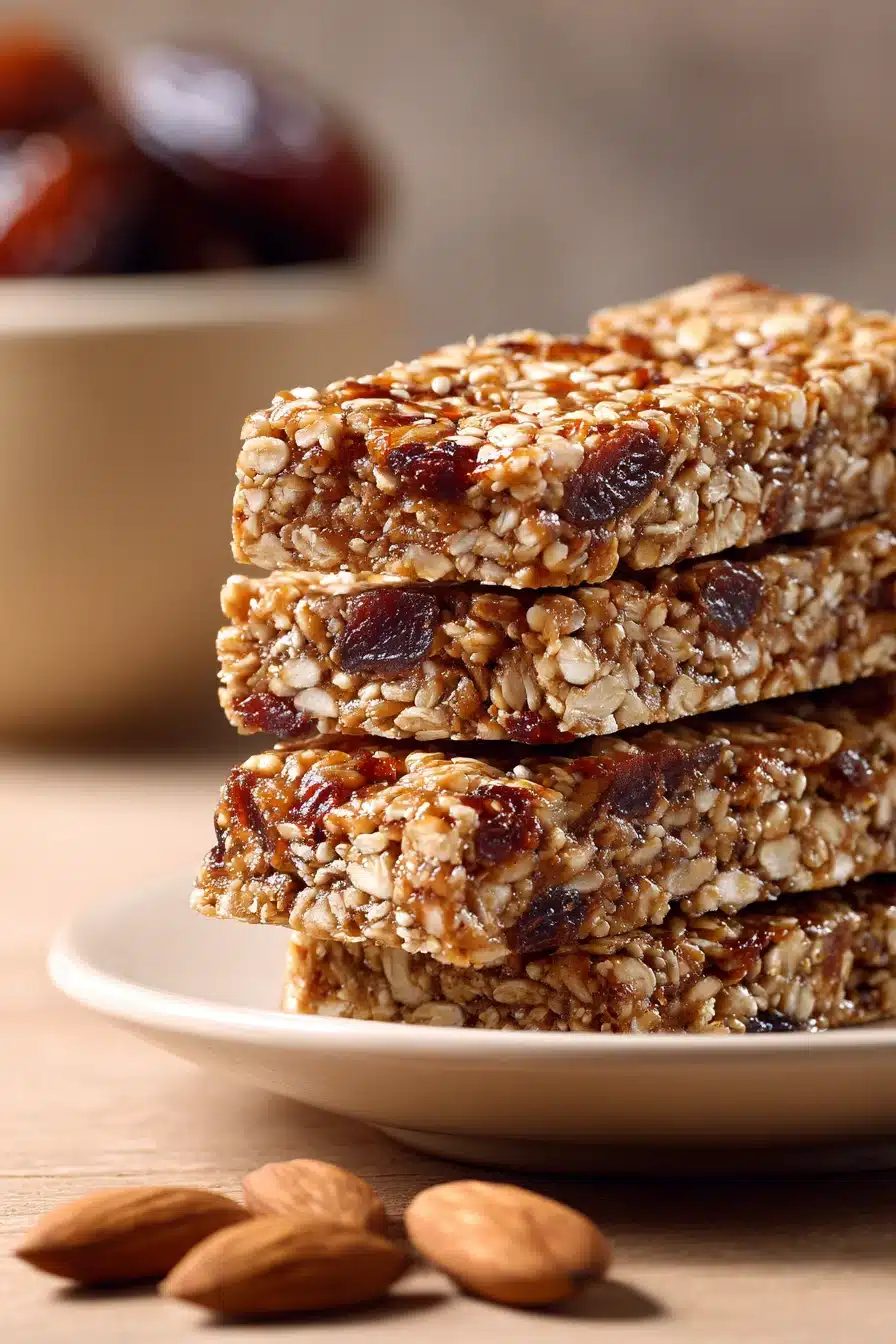 Close-up of Date Almond Oat Bars with a clean, minimal background.