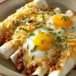 Close-up of breakfast enchiladas with melted cheese and fresh herbs