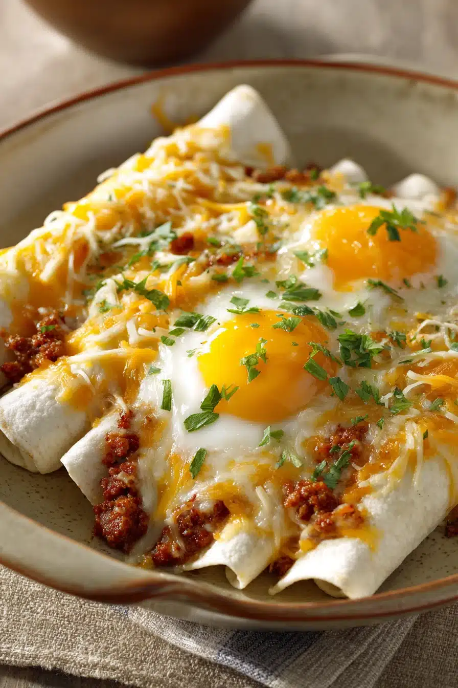 Close-up of breakfast enchiladas with melted cheese and fresh herbs