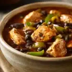 Close-up of Chicken and Black Bean Chili in a bowl with garnishes