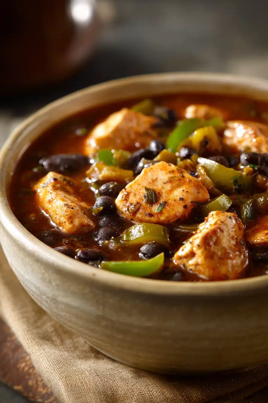 Close-up of Chicken and Black Bean Chili in a bowl with garnishes
