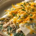 Close-up of Chicken and Spinach Enchiladas with melted cheese and fresh spinach.