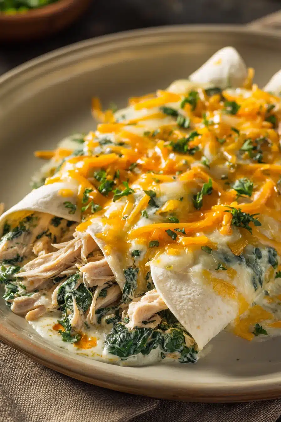 Close-up of Chicken and Spinach Enchiladas with melted cheese and fresh spinach.
