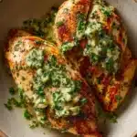 Close-up of a delicious chicken breast meal with creamy sauce and herbs on a clean plate.