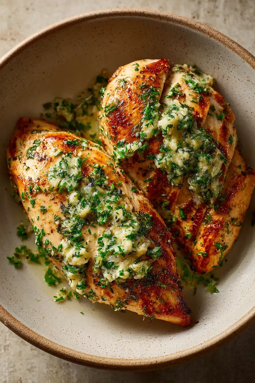 Close-up of a delicious chicken breast meal with creamy sauce and herbs on a clean plate.