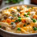 Close-up of a chicken casserole with creamy sauce and chicken pieces, filling the frame.