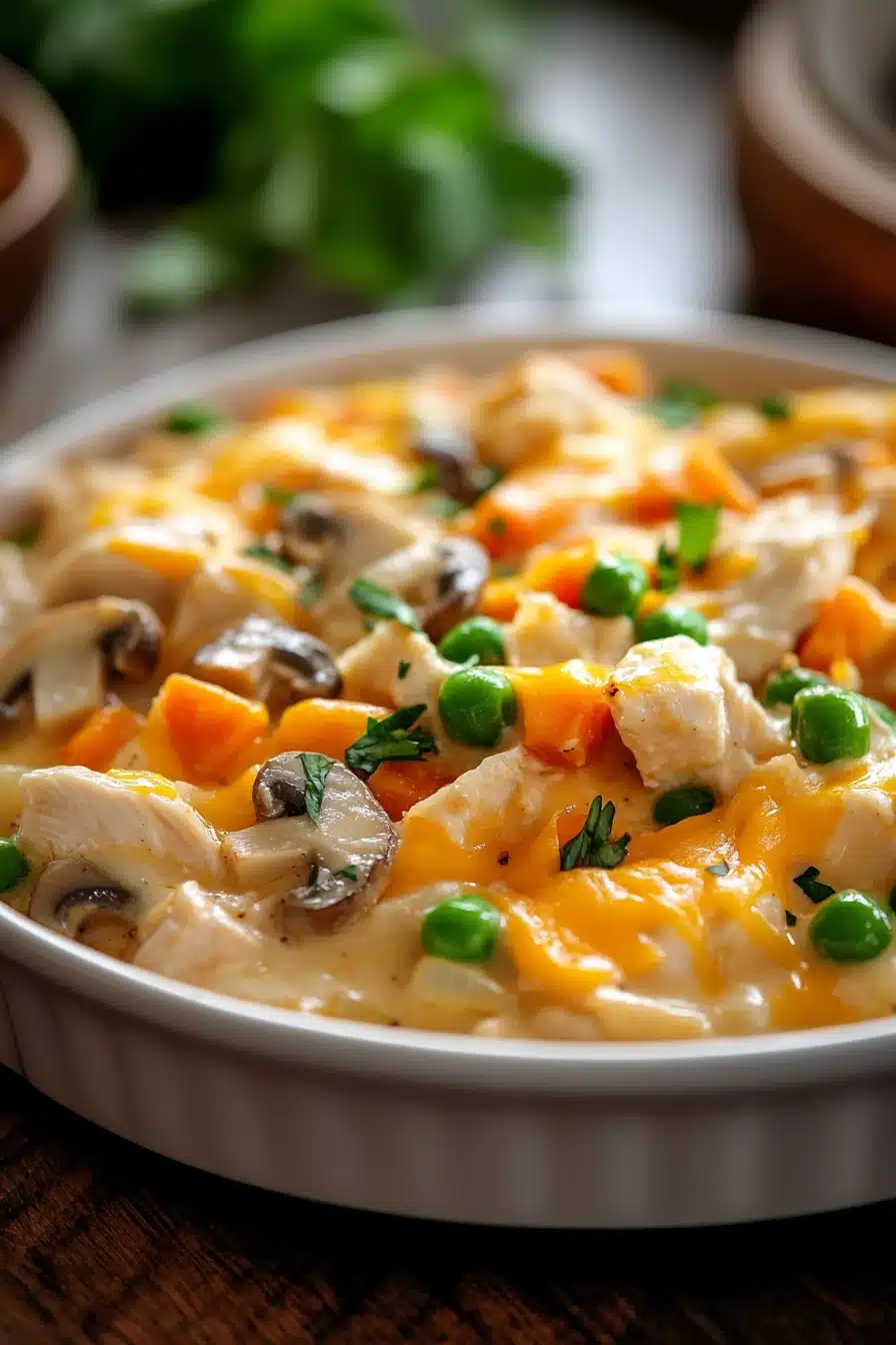 Close-up of a chicken casserole with creamy sauce and chicken pieces, filling the frame.